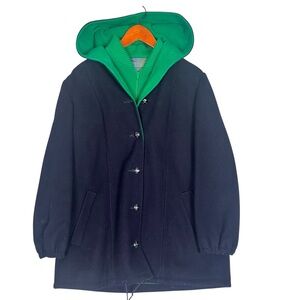 Vtg. Mackintosh Vestcoat Wool Parka Women’s 12 Hooded Blue Green Duffle Pea Coat